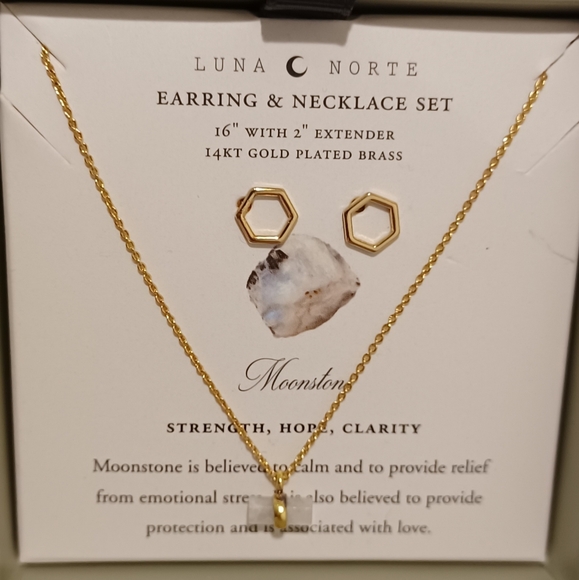 2 PC LUNA NORTE 14K GP HEXAGON EARRINGS & NECKLACES WITH MOONSTONE GEMSTONE - Picture 5 of 12